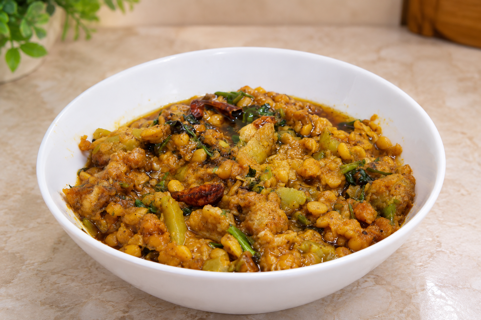 Delicious cooked Easy Ridge Gourd and Split Chickpeas Curry served in a bowl