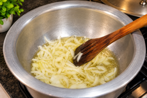 Sautéing chopped onions in a pot for Easy Ridge Gourd and Split Chickpeas Curry